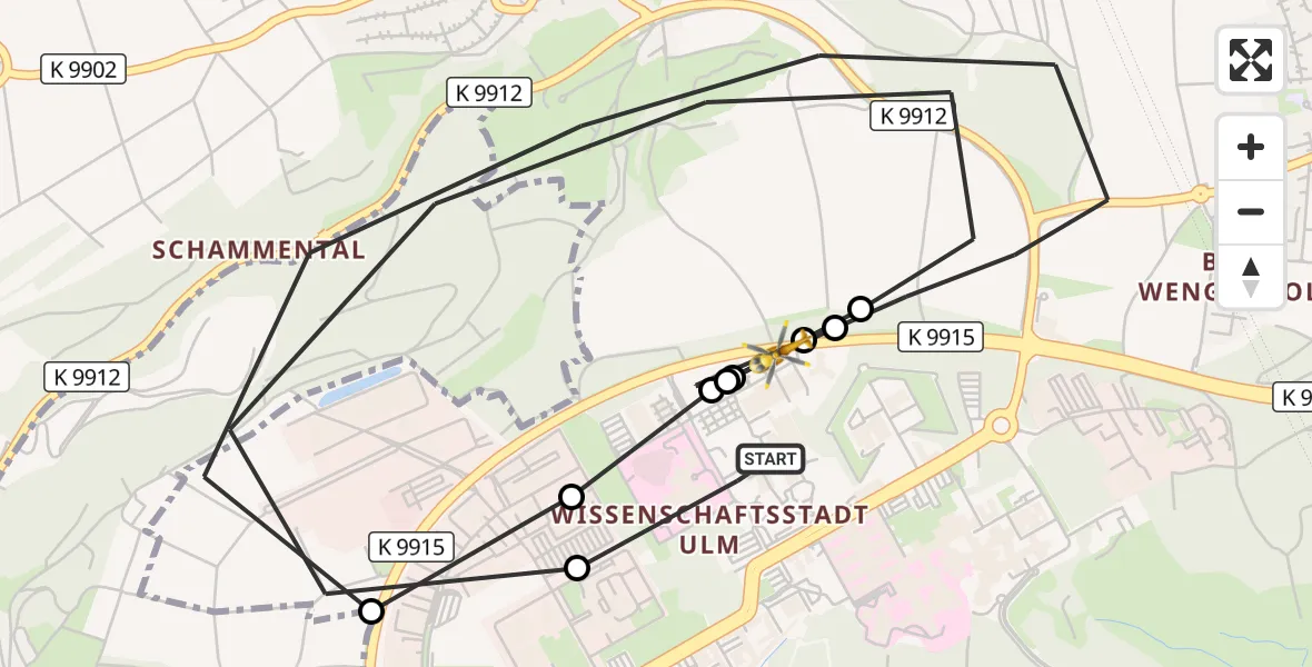 Flugroute Rettungshubschrauber Ulm Military Hospital Emergency - ADAC Air Rescue Station Ulm (Christoph 22), 19 August 2026, 19:37