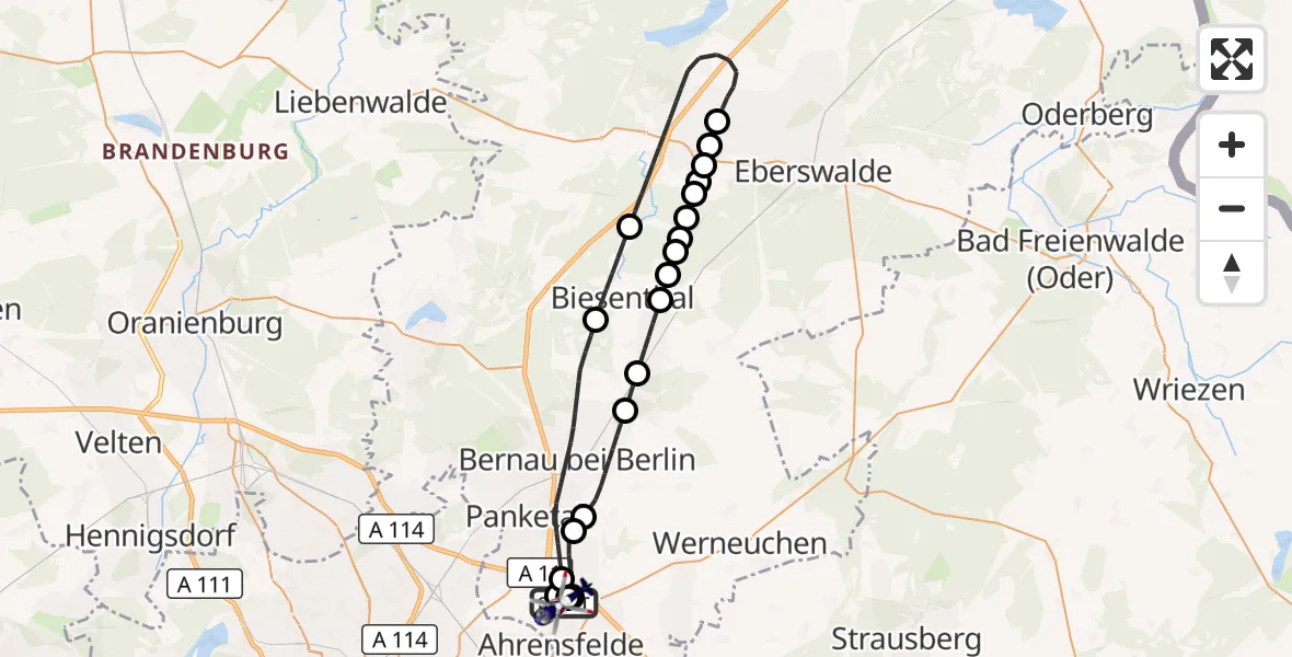 Flugroute Polizeihubschrauber Ahrensfelde Hubschrauberlandeplatz - Ahrensfelde Hubschrauberlandeplatz, 19 August 2026, 19:40