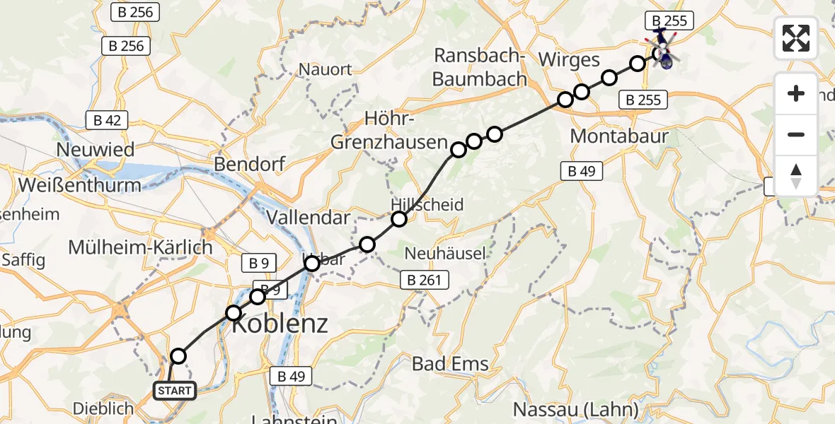 Flugroute Polizeihubschrauber Winningen - Boden, 19 August 2026, 21:44