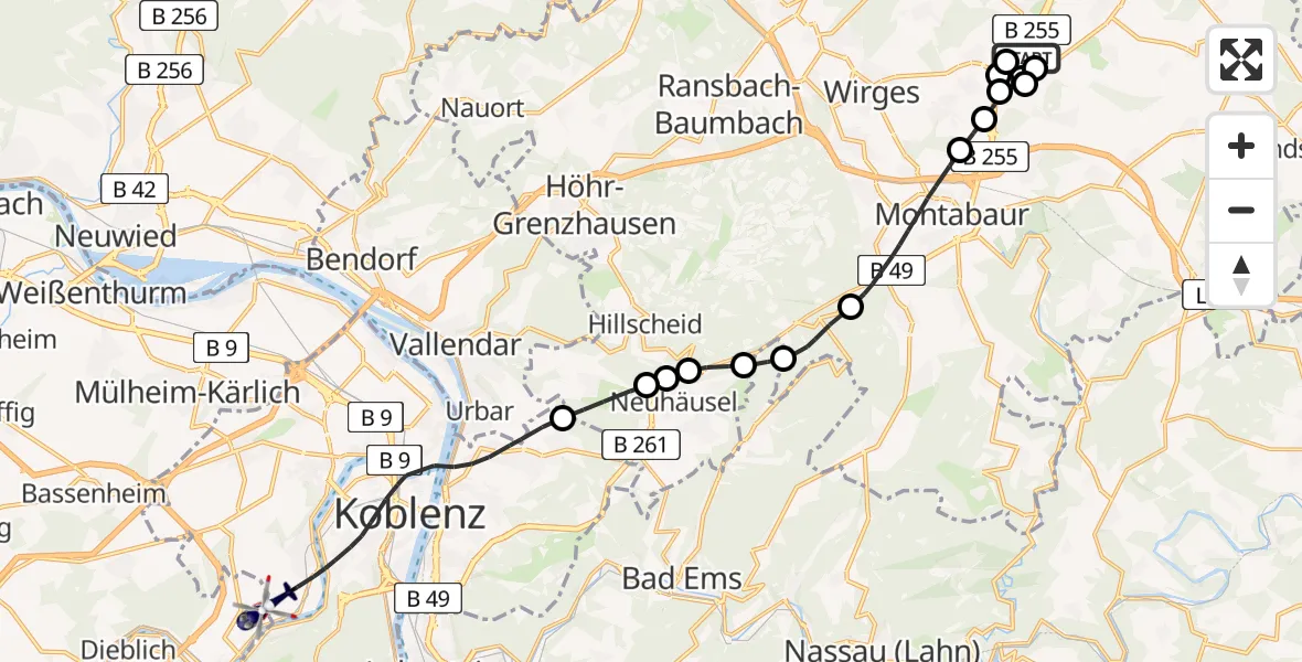 Flugroute Polizeihubschrauber Meudt - Koblenz-Winningen Flugplatz, 19 August 2026, 22:22