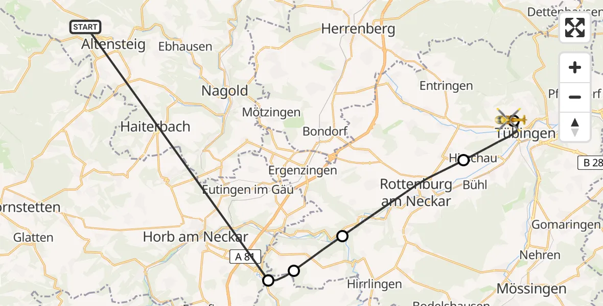 Flugroute Ambulanzhubschrauber Altensteig - Tübingen University Hospital, 19 August 2026, 22:22