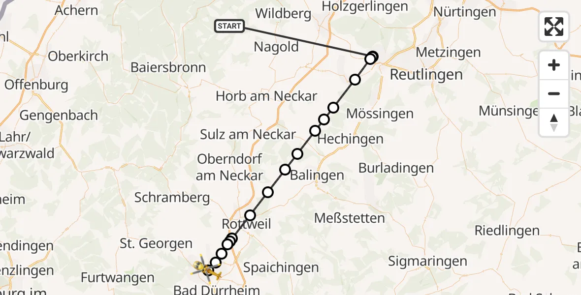 Flugroute Ambulanzhubschrauber Altensteig - DRF Air Rescue Station Villingen-Schwenningen Hubschrauberlandeplatz (Christoph 11), 19 August 2026, 23:03