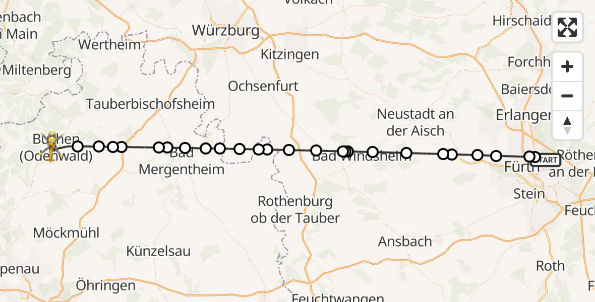 Flugroute Rettungshubschrauber Flughafen Nuremberg - Buchen (Odenwald), 20 August 2026, 00:16