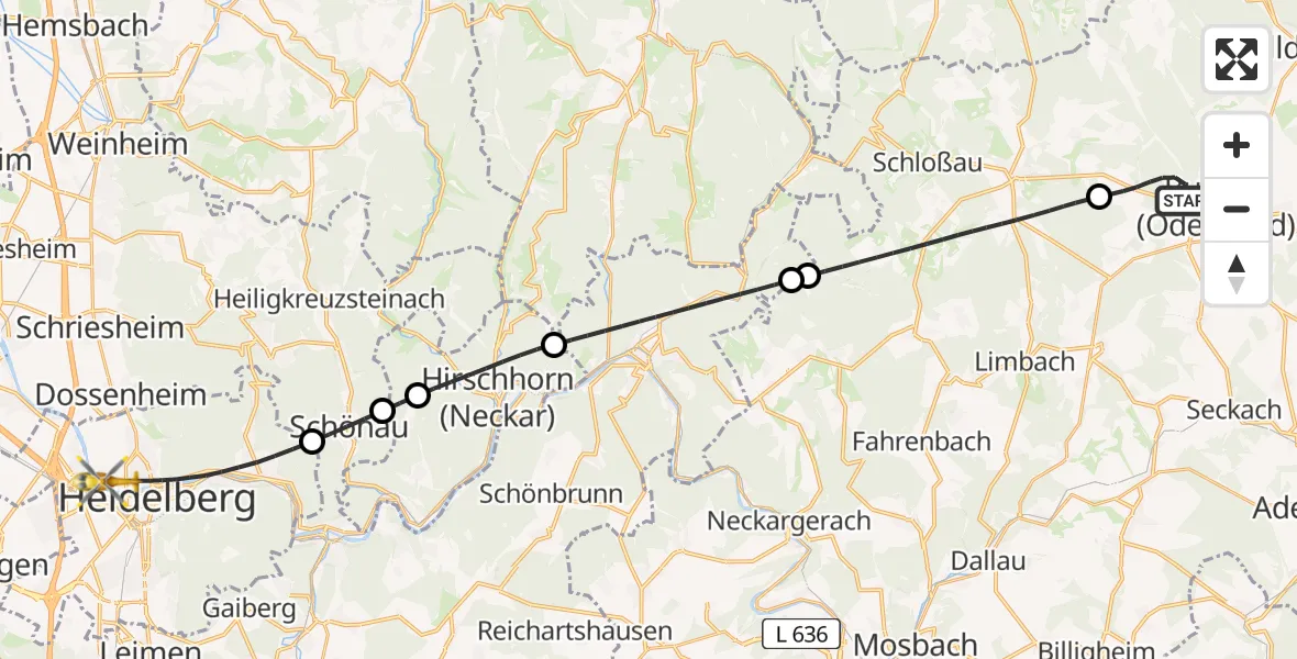 Flugroute Rettungshubschrauber Buchen (Odenwald) - Heidelberg, 20 August 2026, 02:06