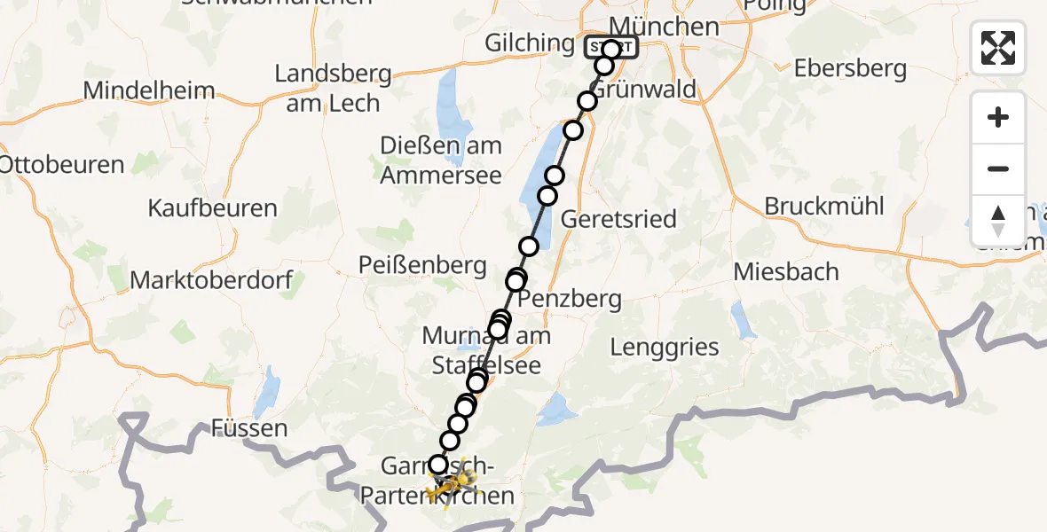 Flugroute Rettungshubschrauber DRF Air Rescue München Hubschrauberlandeplatz - Garmisch-Partenkirchen Clinic Hubschrauberlandeplatz, 20 August 2026, 02:13