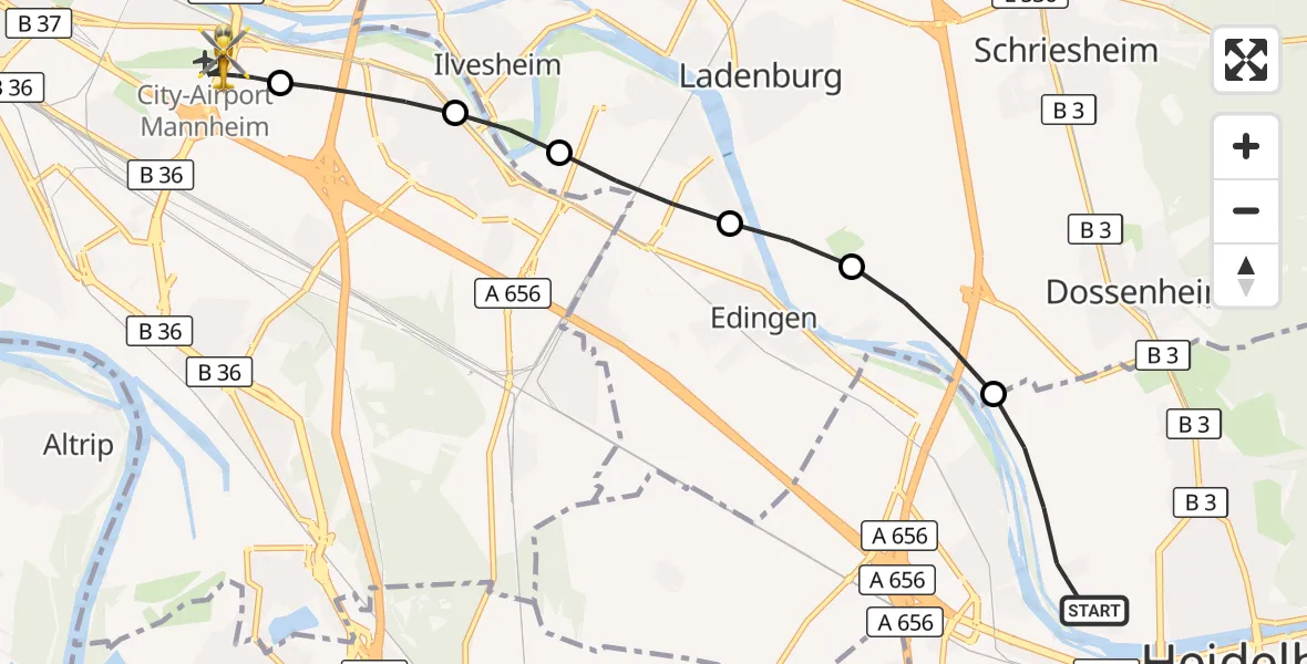Flugroute Rettungshubschrauber Heidelberg - Mannheim-City Flughafen, 20 August 2026, 02:38