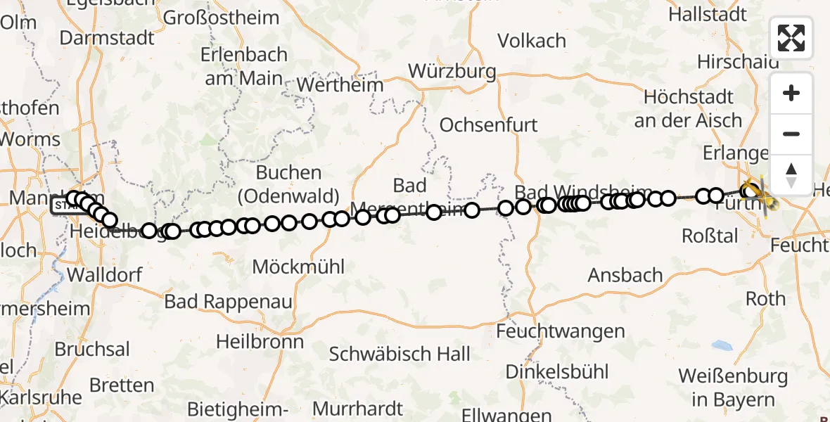 Flugroute Rettungshubschrauber Mannheim-City Flughafen - Flughafen Nuremberg, 20 August 2026, 03:09