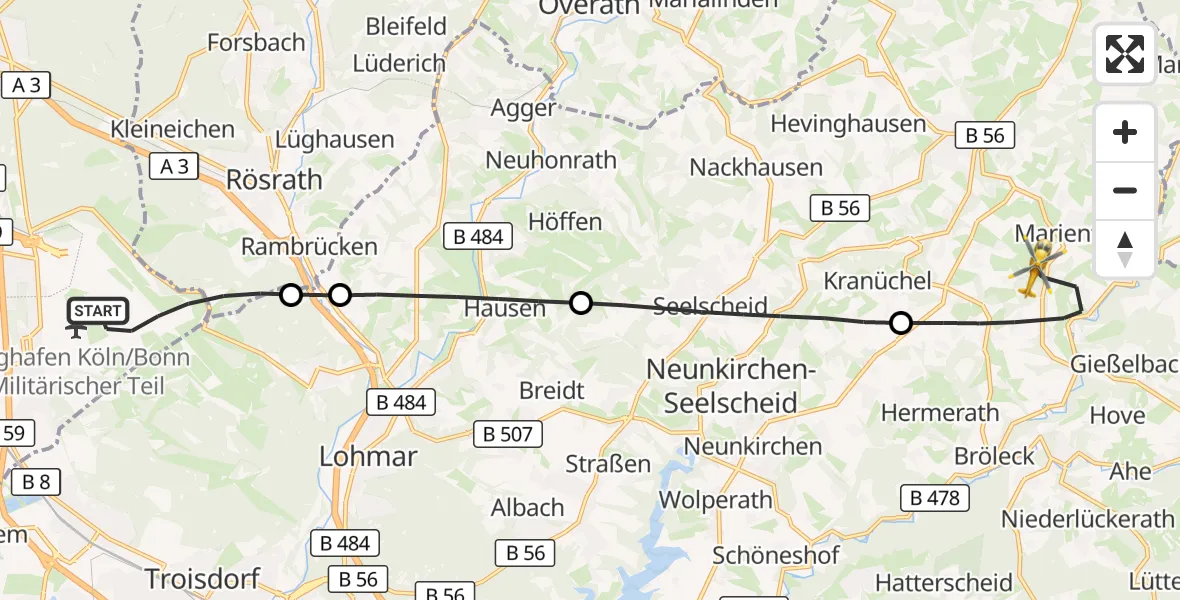 Flugroute Rettungshubschrauber Köln Bonn Flughafen - Much, 20 August 2026, 05:20