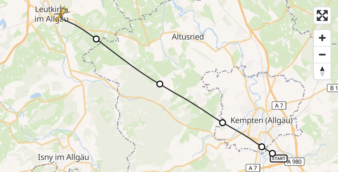 Flugroute Rettungshubschrauber Kempten-Durach Flugplatz - Leutkirch im Allgäu, 20 August 2026, 05:28