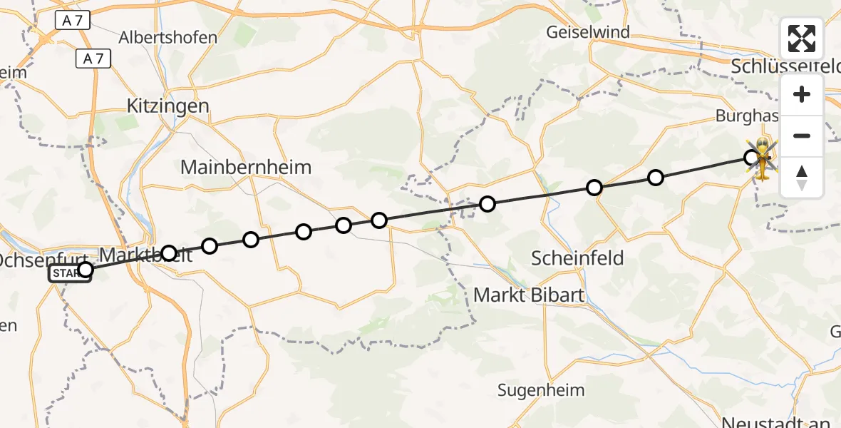 Flugroute Rettungshubschrauber Ochsenfurt Hospital - Burghaslach, 20 August 2026, 06:04