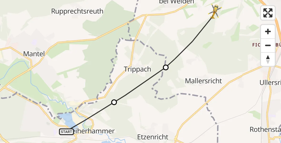 Flugroute Ambulanzhubschrauber Weiherhammer - Weiden i.d.OPf., 20 August 2026, 06:15