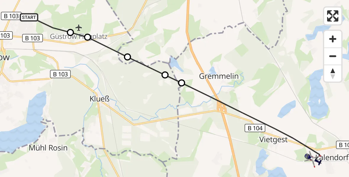 Flugroute Polizeihubschrauber Güstrow - Lalendorf, 20 August 2026, 06:16