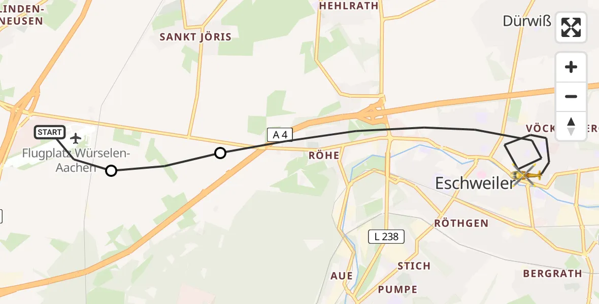 Flugroute Rettungshubschrauber Aachen-Merzbrück Flughafen - Eschweiler, 20 August 2026, 06:32
