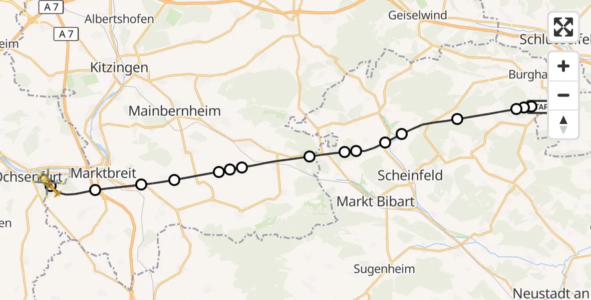 Flugroute Rettungshubschrauber Burghaslach - Ochsenfurt Hospital, 20 August 2026, 06:33