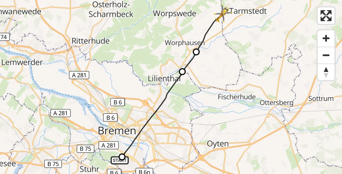 Flugroute Rettungshubschrauber ADAC Air Rescue Station Bremen Hubschrauberlandeplatz (Christoph 6) - Tarmstedt, 20 August 2026, 06:36