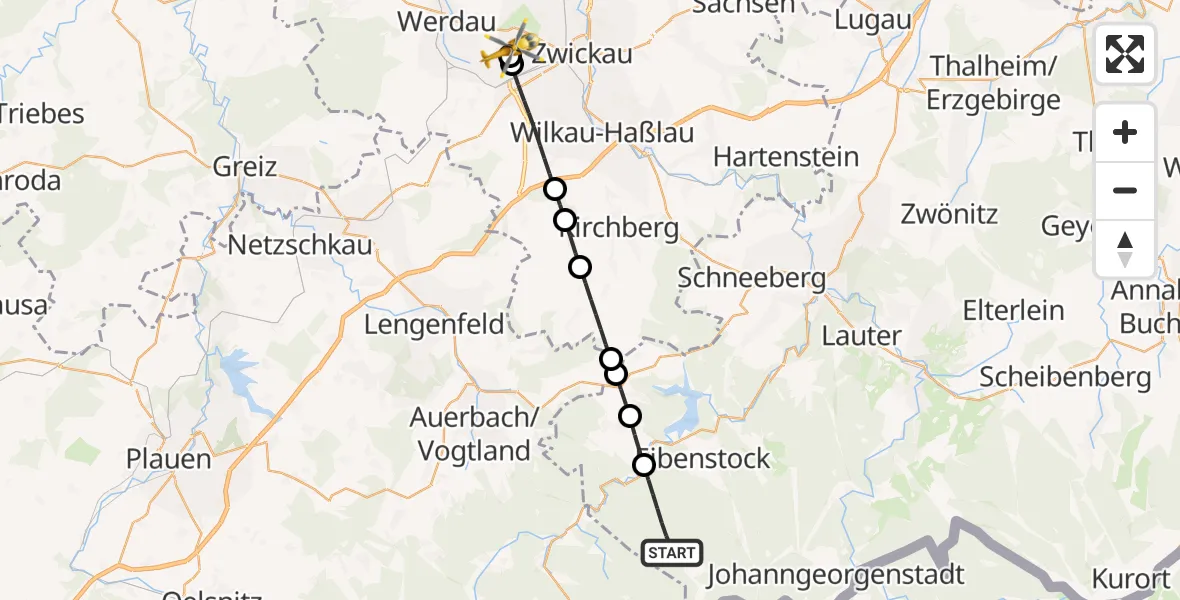 Flugroute Rettungshubschrauber Eibenstock - ADAC Air Rescue Station Zwickau Hubschrauberlandeplatz, 20 August 2026, 06:43
