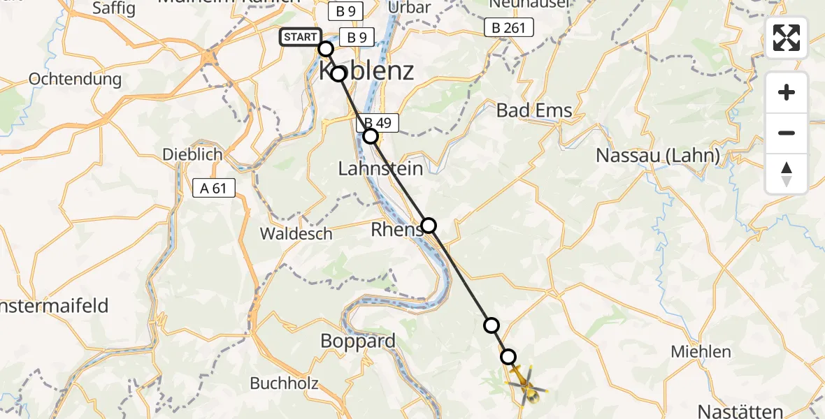 Flugroute Rettungshubschrauber Koblenz - Dahlheim, 20 August 2026, 06:47