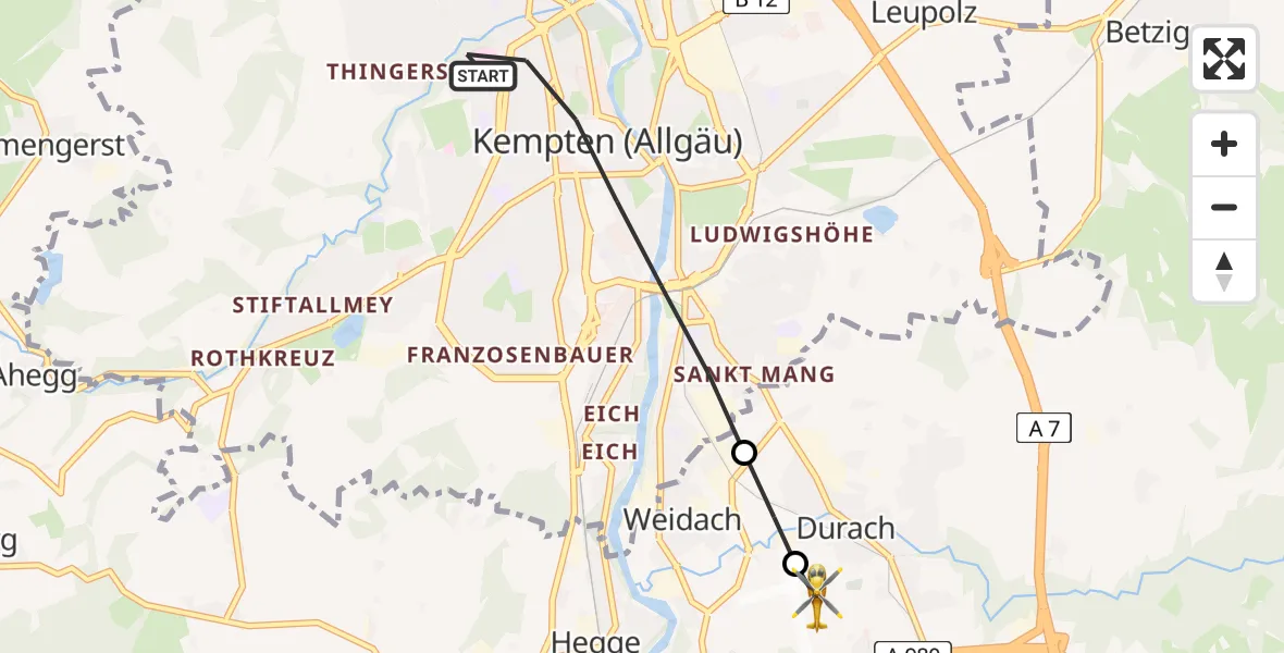 Flugroute Rettungshubschrauber Kempten (Allgäu) - Kempten-Durach Flugplatz, 20 August 2026, 06:50