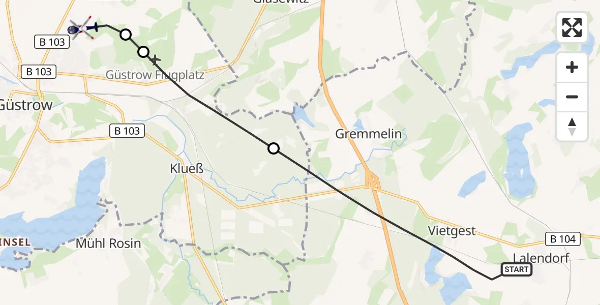 Flugroute Polizeihubschrauber Lalendorf - Güstrow, 20 August 2026, 06:49