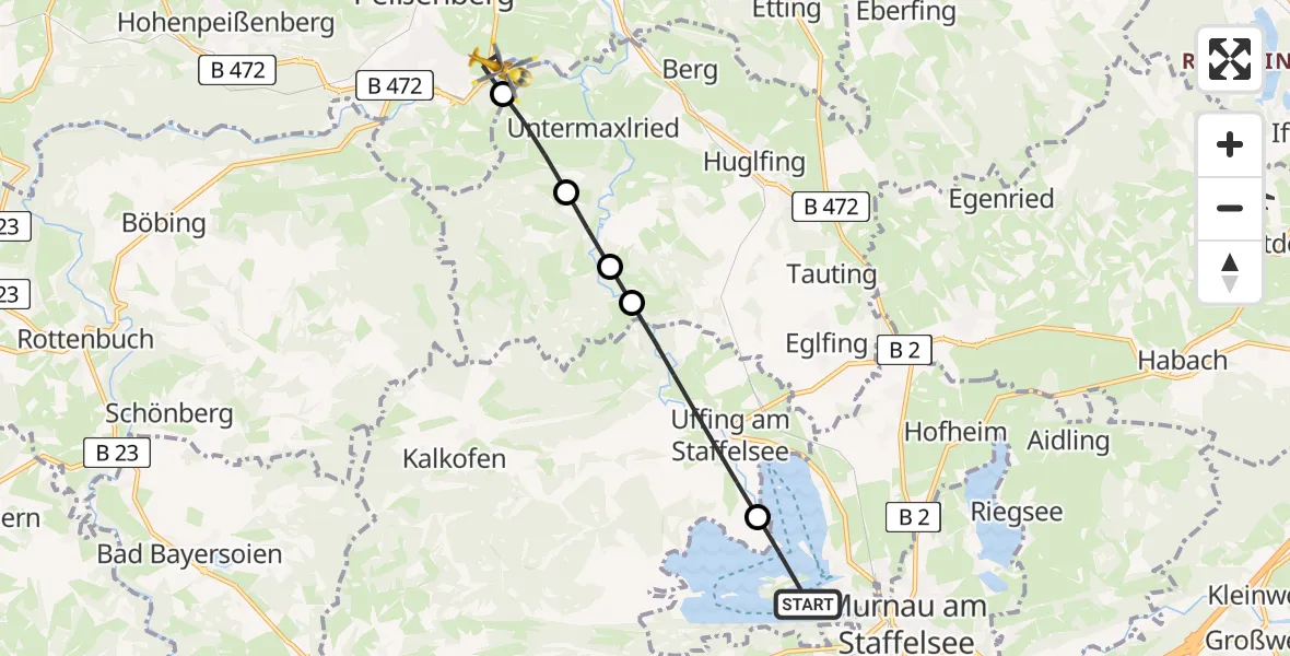 Flugroute Rettungshubschrauber Seehausen a.Staffelsee - Peißenberg, 20 August 2026, 06:50