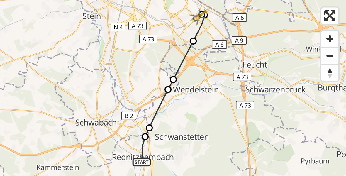 Flugroute Ambulanzhubschrauber Rednitzhembach - Nürnberg South Hospital, 20 August 2026, 06:53