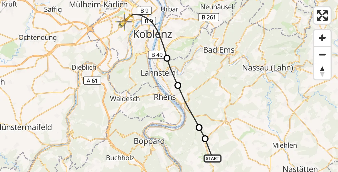 Flugroute Rettungshubschrauber Dahlheim - Koblenz, 20 August 2026, 07:14