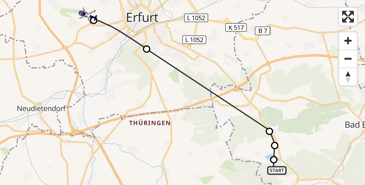 Flugroute Polizeihubschrauber Kranichfeld - Erfurt-Weimar Flughafen, 20 August 2026, 07:16