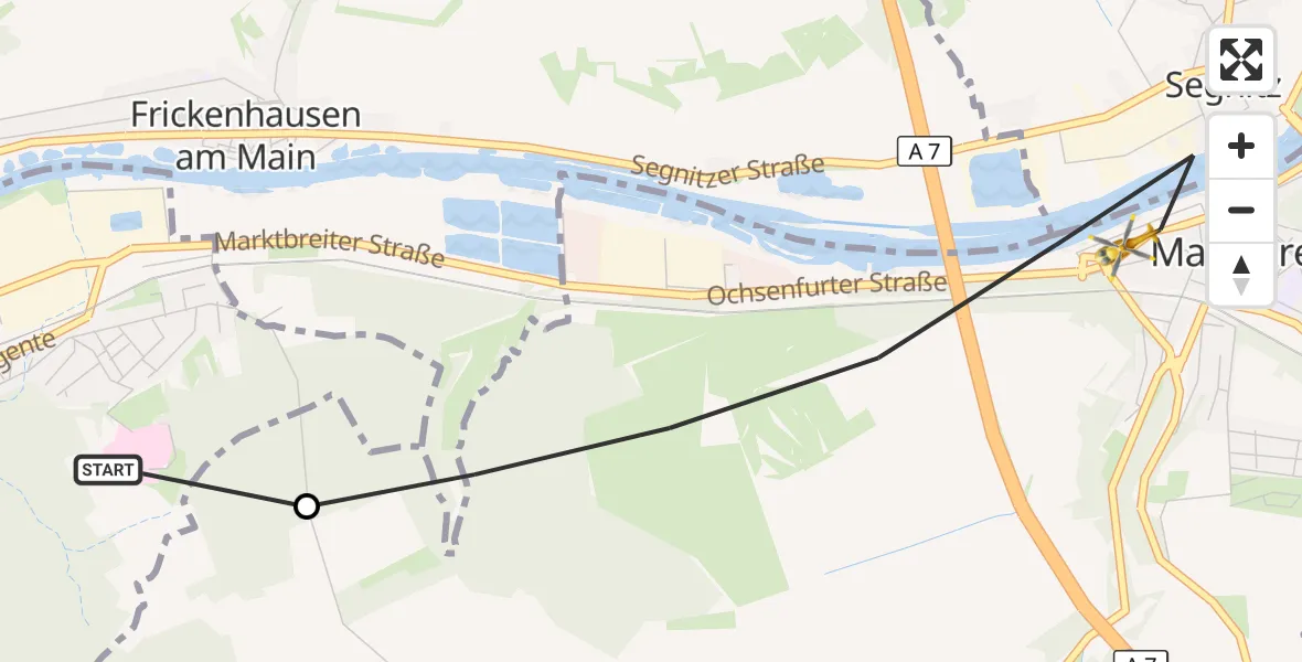 Flugroute Rettungshubschrauber Ochsenfurt Hospital - Marktbreit, 20 August 2026, 07:18