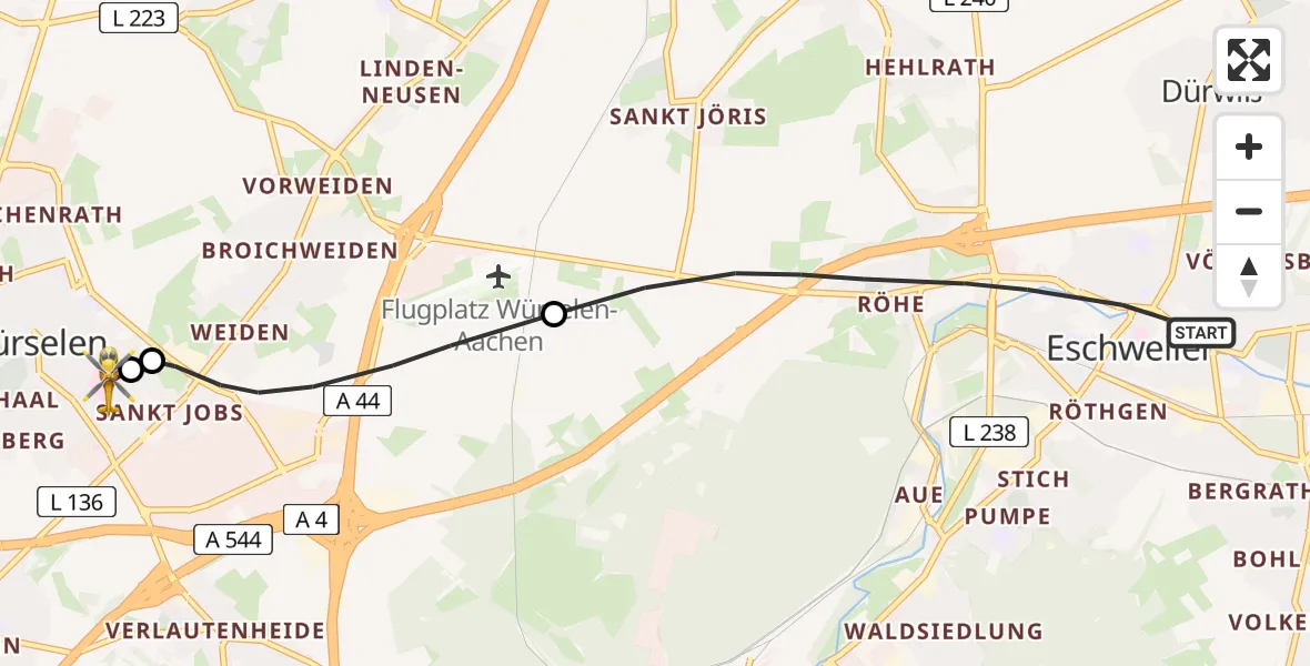 Flugroute Rettungshubschrauber Eschweiler - Rhein-Maas Hospital, 20 August 2026, 07:22