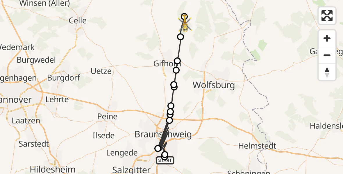 Flugroute Rettungshubschrauber Wolfenbüttel Municipal Hospital Heliport (Christoph 30) - Schönewörde, 20 August 2026, 07:27