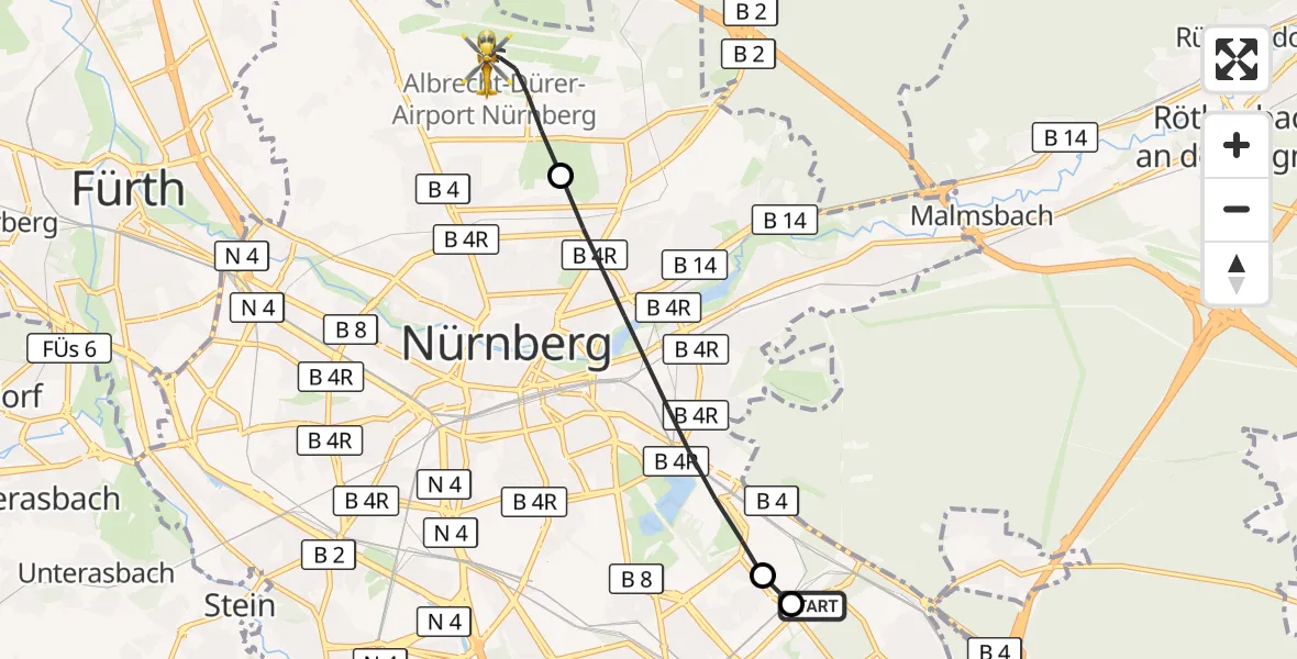 Flugroute Ambulanzhubschrauber Nürnberg South Hospital - Flughafen Nuremberg, 20 August 2026, 07:31