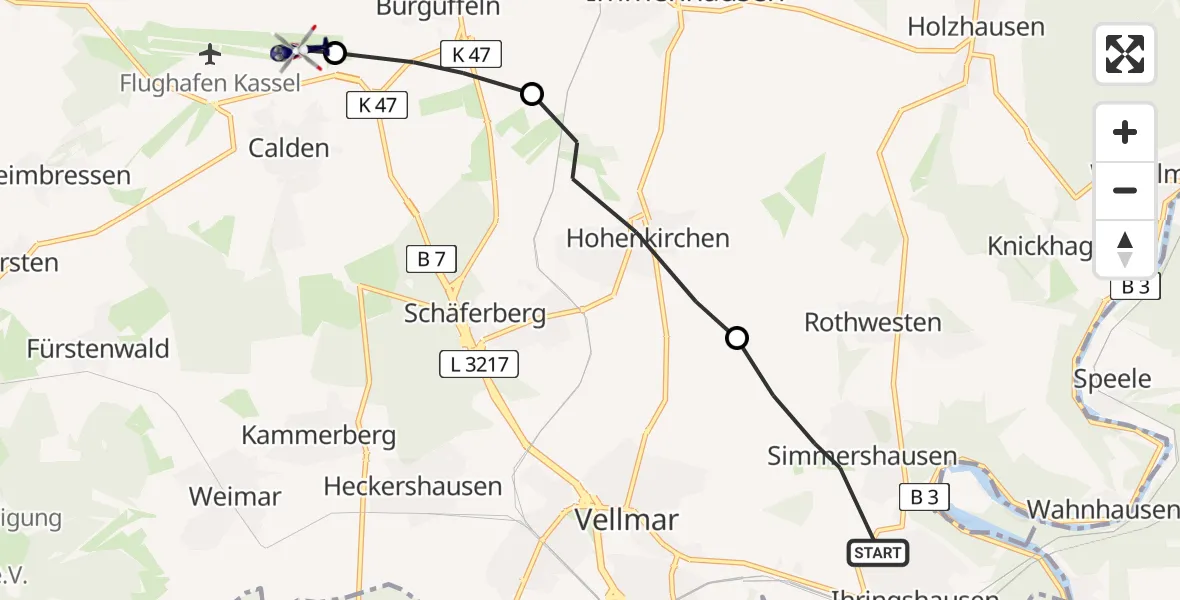 Flugroute Polizeihubschrauber Fuldatal - Kassel Flughafen, 20 August 2026, 07:33