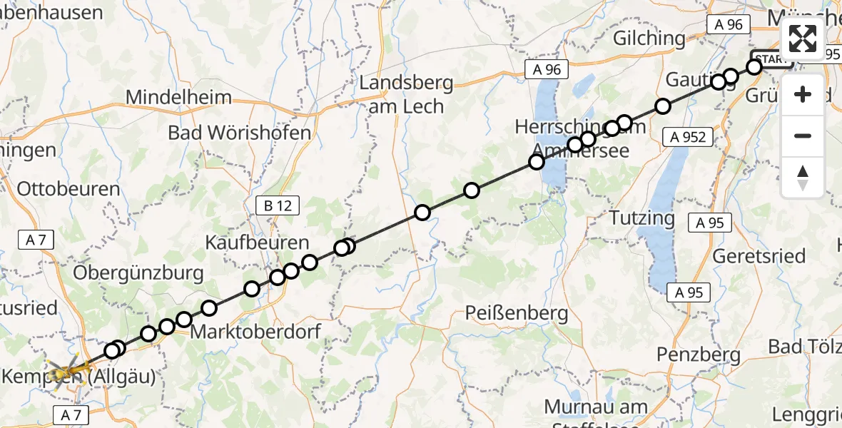 Flugroute Rettungshubschrauber München - Kempten (Allgäu), 20 August 2026, 07:37