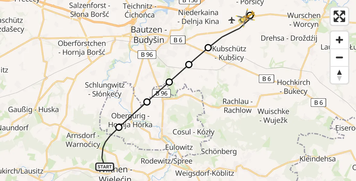 Flugroute Rettungshubschrauber Wilthen - Bautzen Flugplatz, 20 August 2026, 07:49