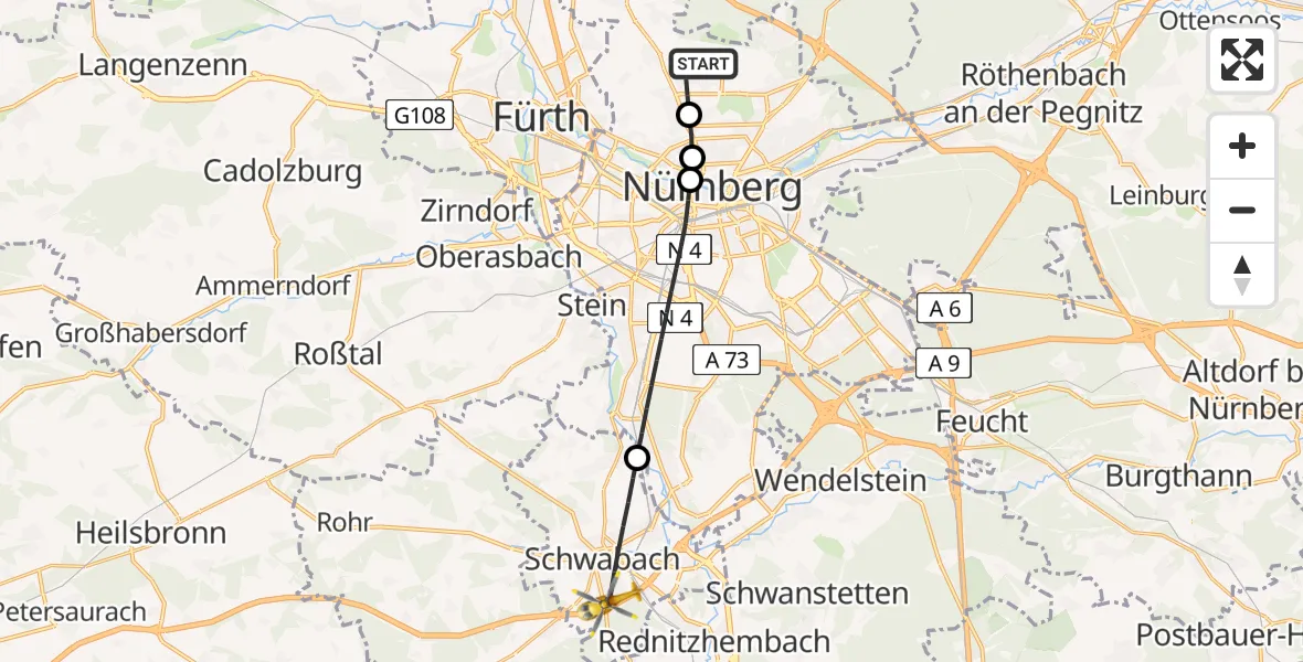 Flugroute Ambulanzhubschrauber Flughafen Nuremberg - Schwabach, 20 August 2026, 07:55