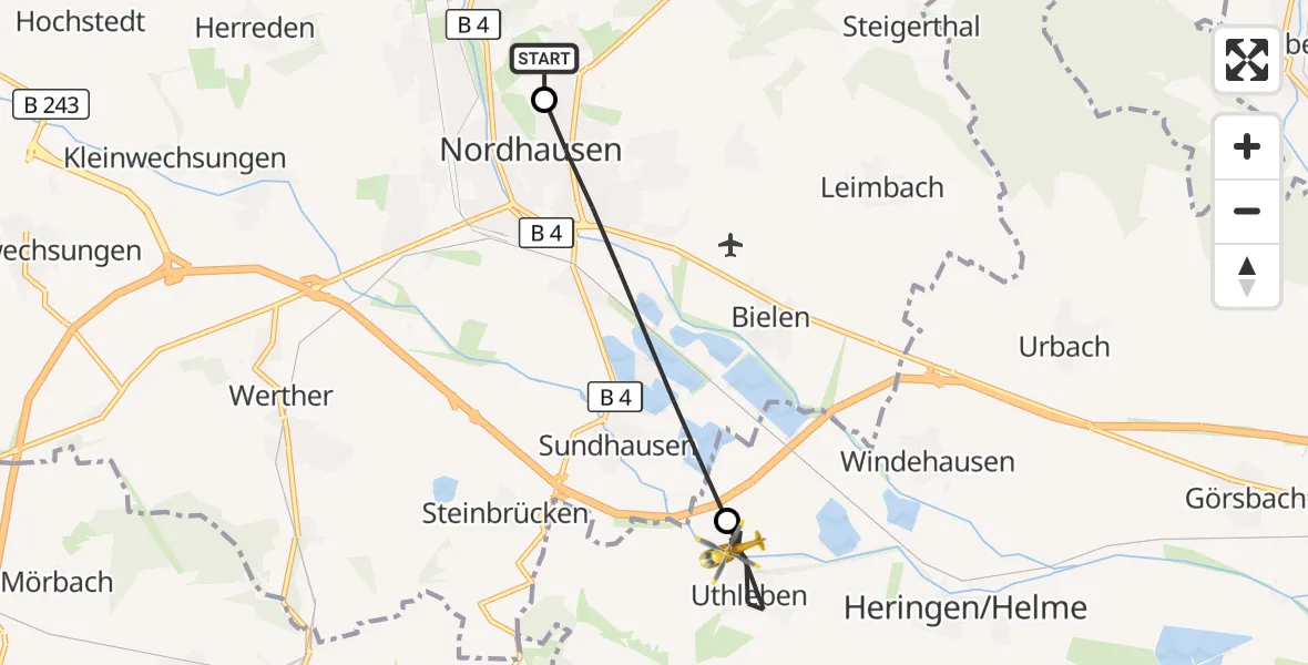 Flugroute Rettungshubschrauber Südharz Hospital Nordhausen - Heringen/Helme, 20 August 2026, 08:15