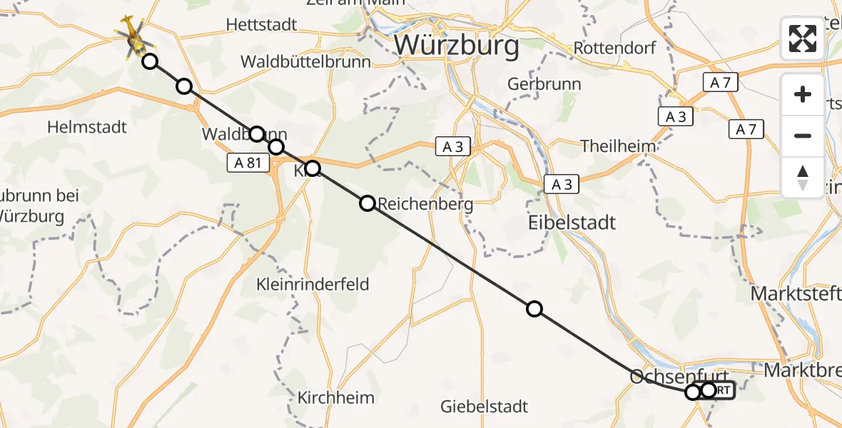 Flugroute Rettungshubschrauber Ochsenfurt Hospital - Uettingen, 20 August 2026, 08:16