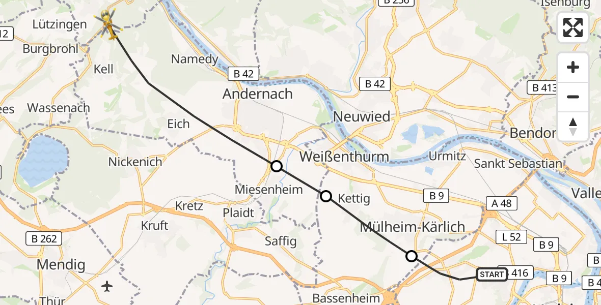 Flugroute Rettungshubschrauber Koblenz - Brohl-Lützing, 20 August 2026, 08:18