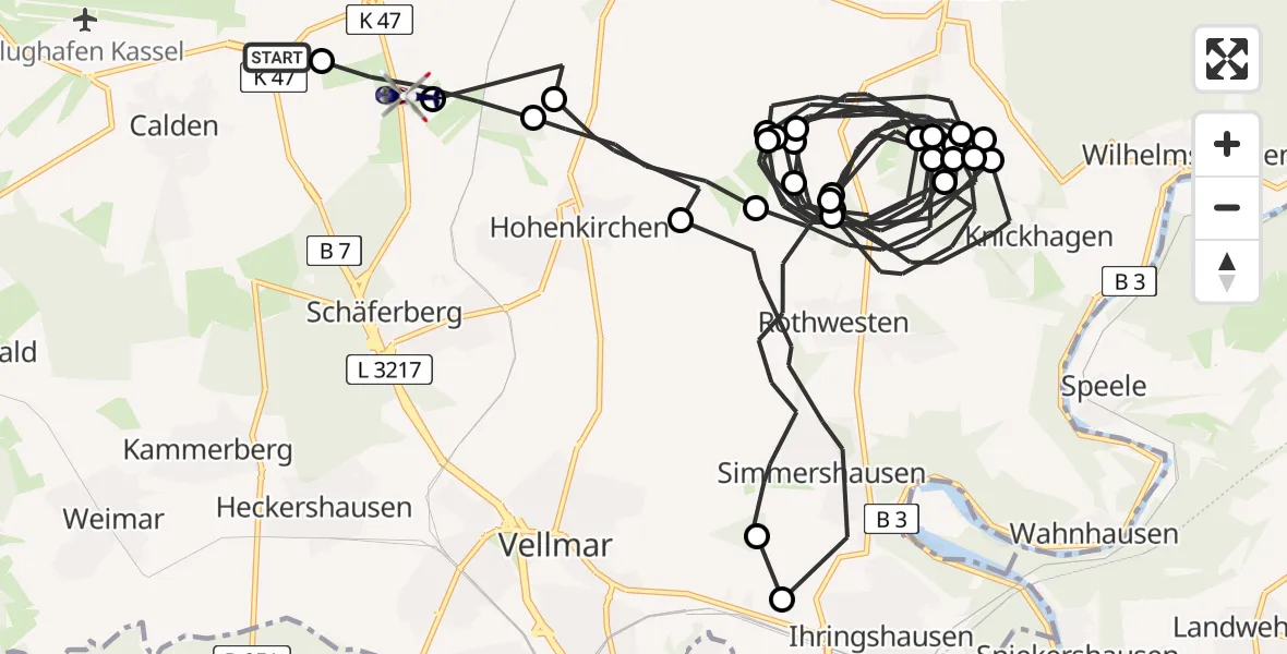 Flugroute Polizeihubschrauber Calden - Grebenstein, 20 August 2026, 08:35