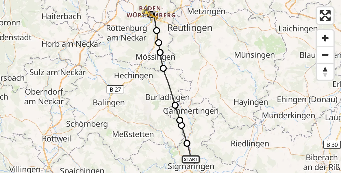 Flugroute Rettungshubschrauber Sigmaringen - Tübingen University Hospital, 20 August 2026, 08:36