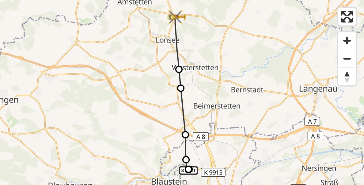 Flugroute Rettungshubschrauber Ulm Military Hospital Emergency - Lonsee, 20 August 2026, 08:48