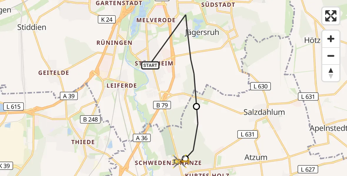 Flugroute Rettungshubschrauber Braunschweig - Wolfenbüttel Municipal Hospital Hubschrauberlandeplatz (Christoph 30), 20 August 2026, 08:59