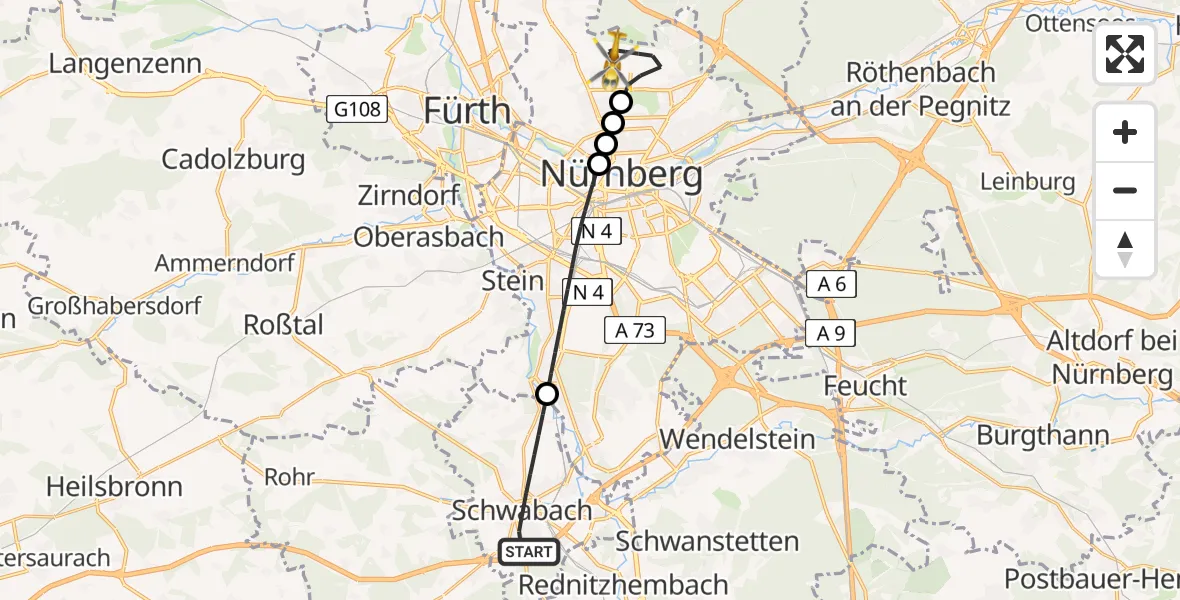 Flugroute Ambulanzhubschrauber Schwabach - Flughafen Nuremberg, 20 August 2026, 09:00