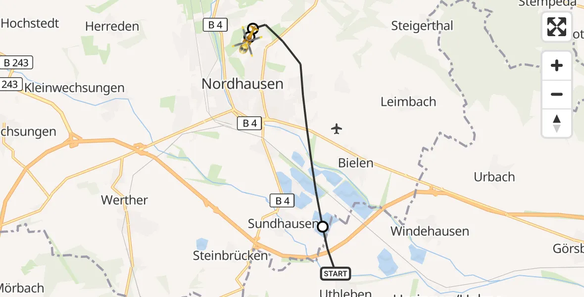 Flugroute Rettungshubschrauber Heringen/Helme - Südharz Hospital Nordhausen, 20 August 2026, 09:01
