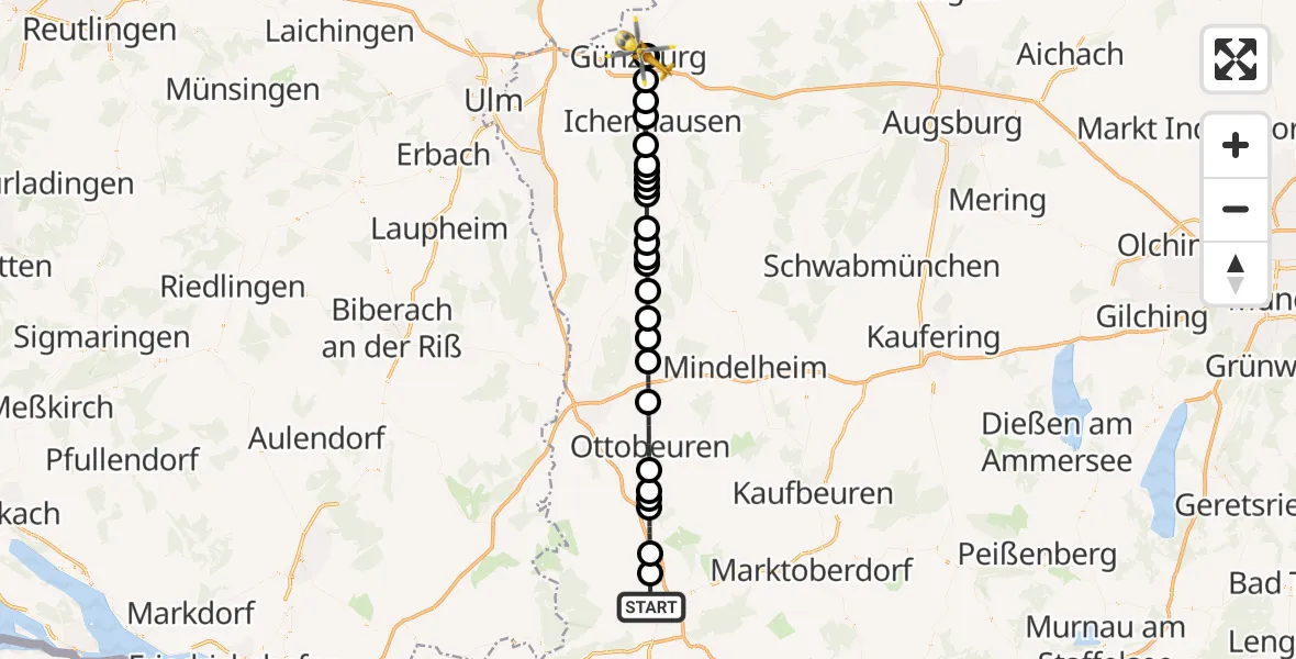Flugroute Rettungshubschrauber Kempten (Allgäu) - Günzburg Hospital, 20 August 2026, 09:05