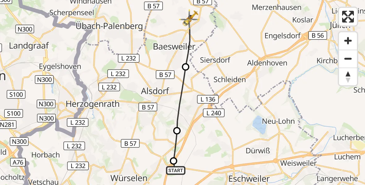 Flugroute Rettungshubschrauber Aachen-Merzbrück Flughafen - Baesweiler, 20 August 2026, 09:13