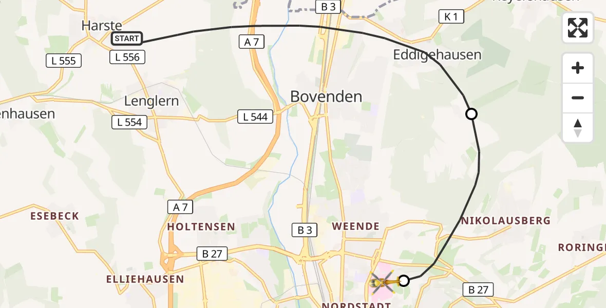 Flugroute Rettungshubschrauber Bovenden - Göttingen University Clinic Hubschrauberlandeplatz, 20 August 2026, 09:13