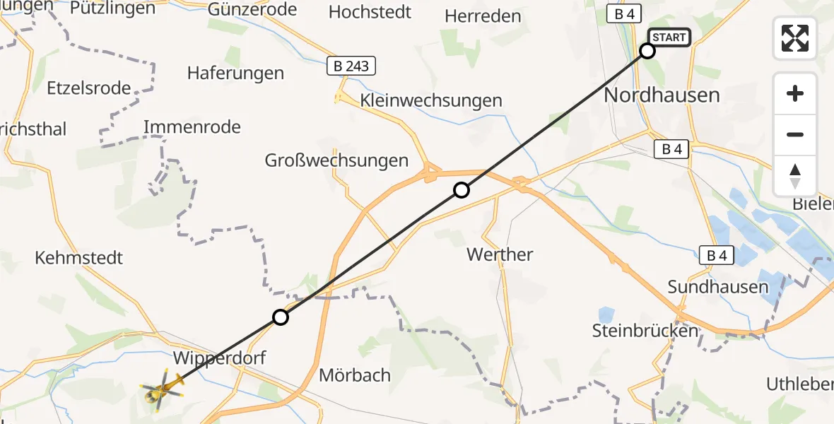 Flugroute Rettungshubschrauber Südharz Hospital Nordhausen - Bleicherode, 20 August 2026, 09:23