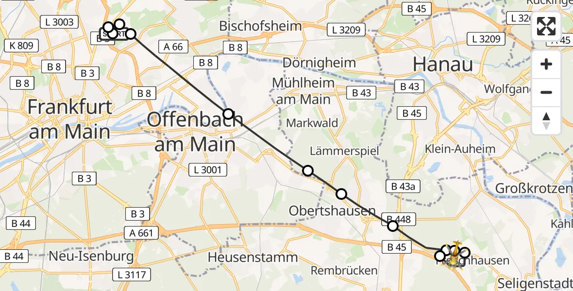 Flugroute Rettungshubschrauber Frankfurt am Main Accident Hospital Roof Helipad (CHX2) - Seligenstadt, 20 August 2026, 09:27