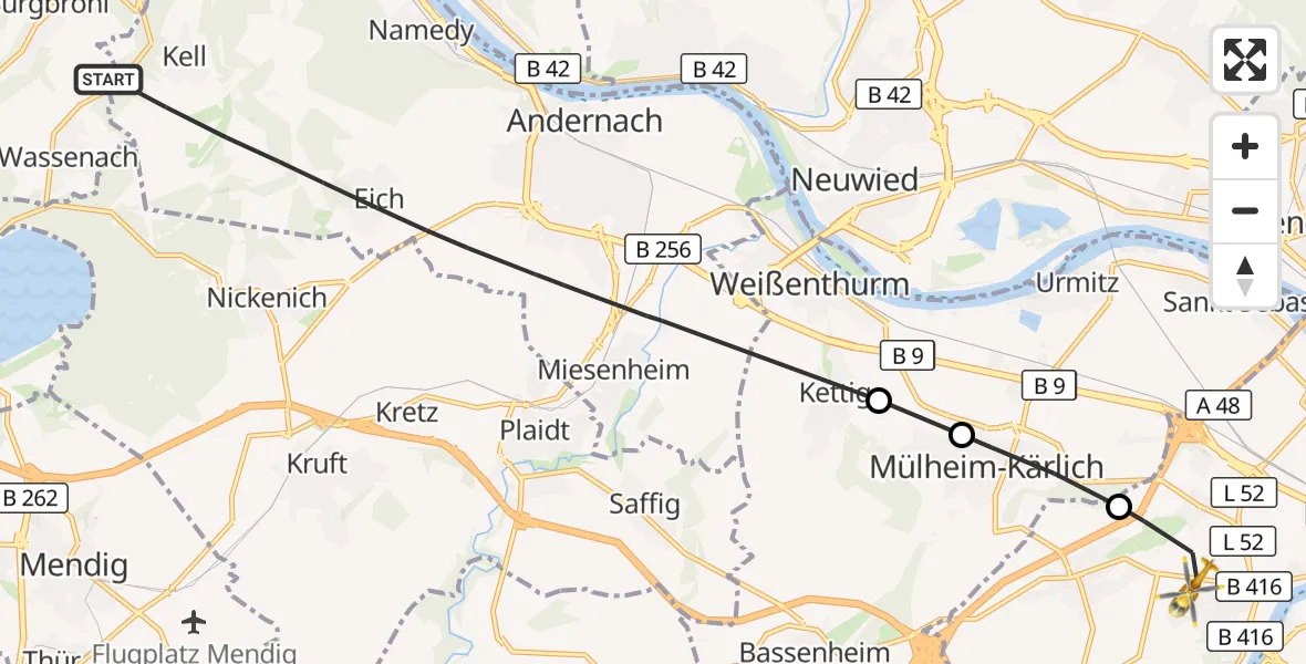 Flugroute Rettungshubschrauber Andernach - Koblenz, 20 August 2026, 09:30
